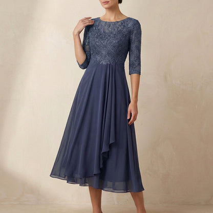 Women's Embroidered A-Line Midi Dress Sheer Sleeves