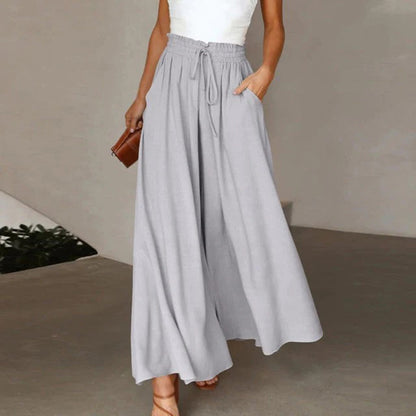 Women's High Waist Elastic Pants A-Line Cotton Long Black