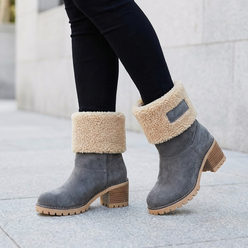 Women's Fur Lined Mid Calf Boots Lug Sole Block Heel