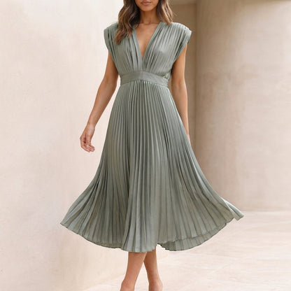 Women's Pleated Maxi Dress V-Neck Waist Defined