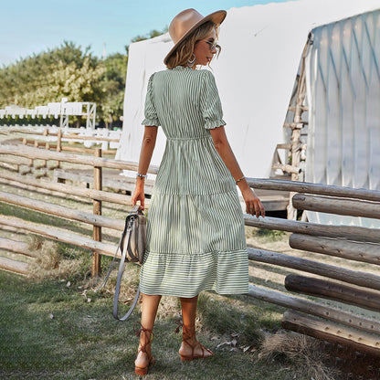 Women's Striped V-Neck Summer Dress Lantern Sleeves