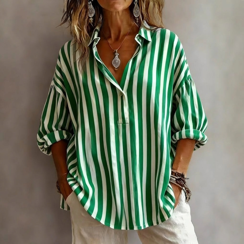 Women's Relaxed Fit Striped V-Neck Blouse 3/4 Sleeves
