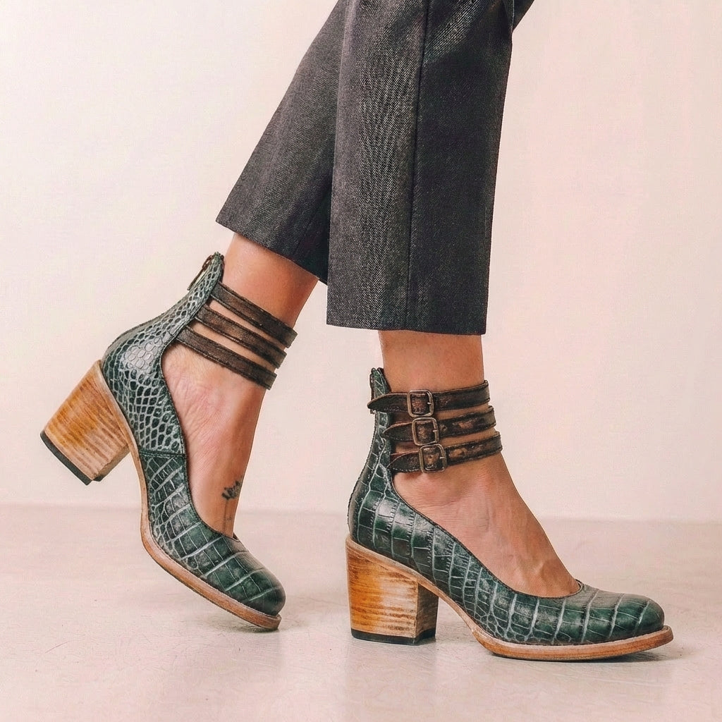 Vegan Leather Block Heel Pumps Buckled Ankle Straps