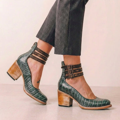 Vegan Leather Block Heel Pumps Buckled Ankle Straps