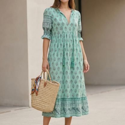 Women's V-Neck Maxi Dress Lantern Sleeves Tiered Skirt