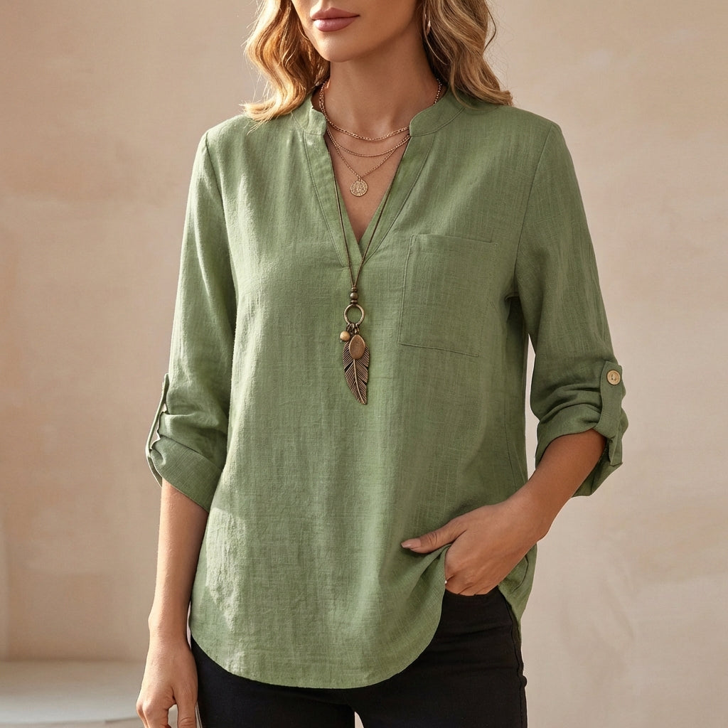 Women's Cotton Linen Tunic Blouse Relaxed Fit V-Neck