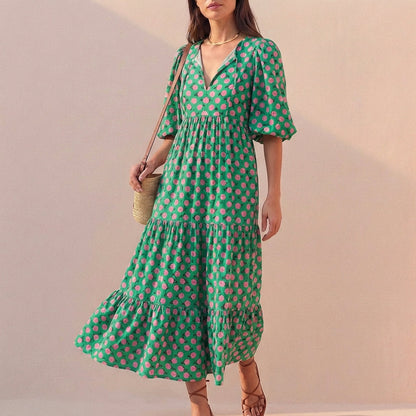 Women's V-Neck Midi Dress Puff Sleeves Tiered Skirt