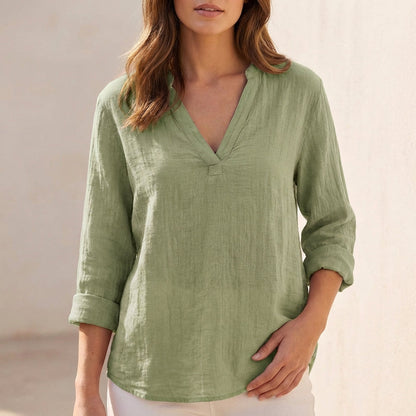 Women's Cotton Linen V-Neck Blouse Relaxed Fit