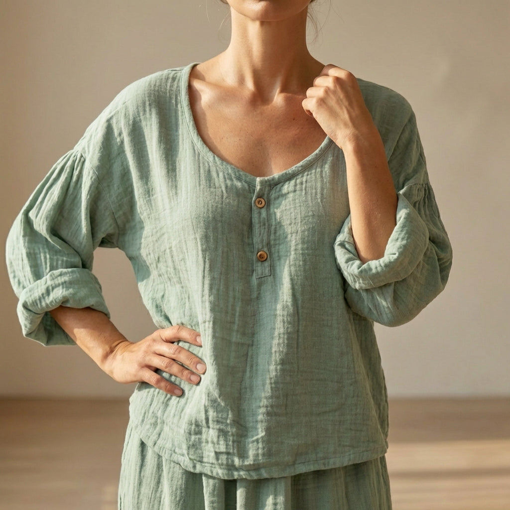 Women's Cotton Blend V-Neck Blouse Textured Sleeves