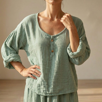Women's Cotton Blend V-Neck Blouse Textured Sleeves