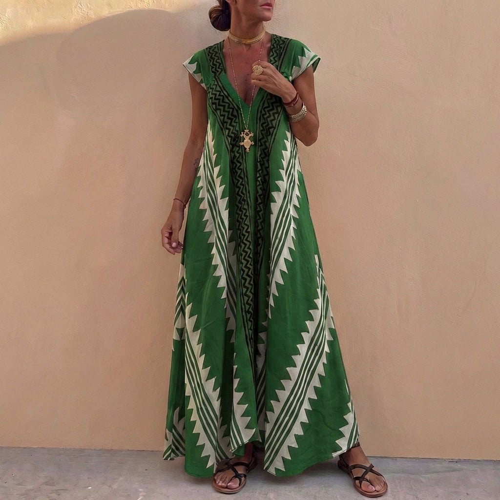 Bohemian A-Line Maxi Dress Deep V-Neck Geometric Print