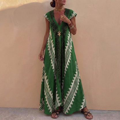 Bohemian A-Line Maxi Dress Deep V-Neck Geometric Print