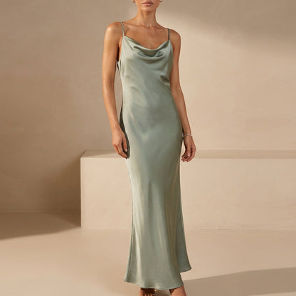 Women's Satin Maxi Dress Cowl Neck Spaghetti Straps Evening - VibreMode