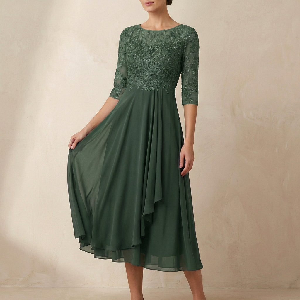 Women's Embroidered A-Line Midi Dress Sheer Sleeves