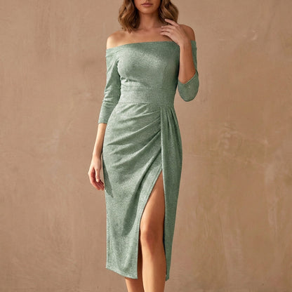 Women's Off Shoulder Knit Midi Dress High Slit