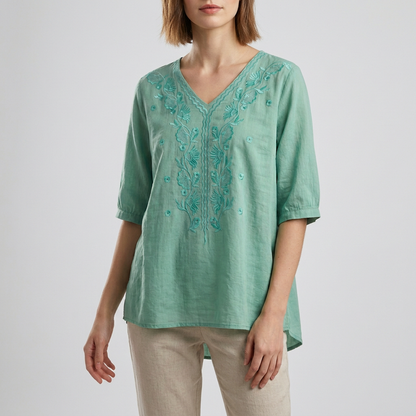 Women's Relaxed Fit V-Neck Blouse Embroidered Floral White - VibreMode