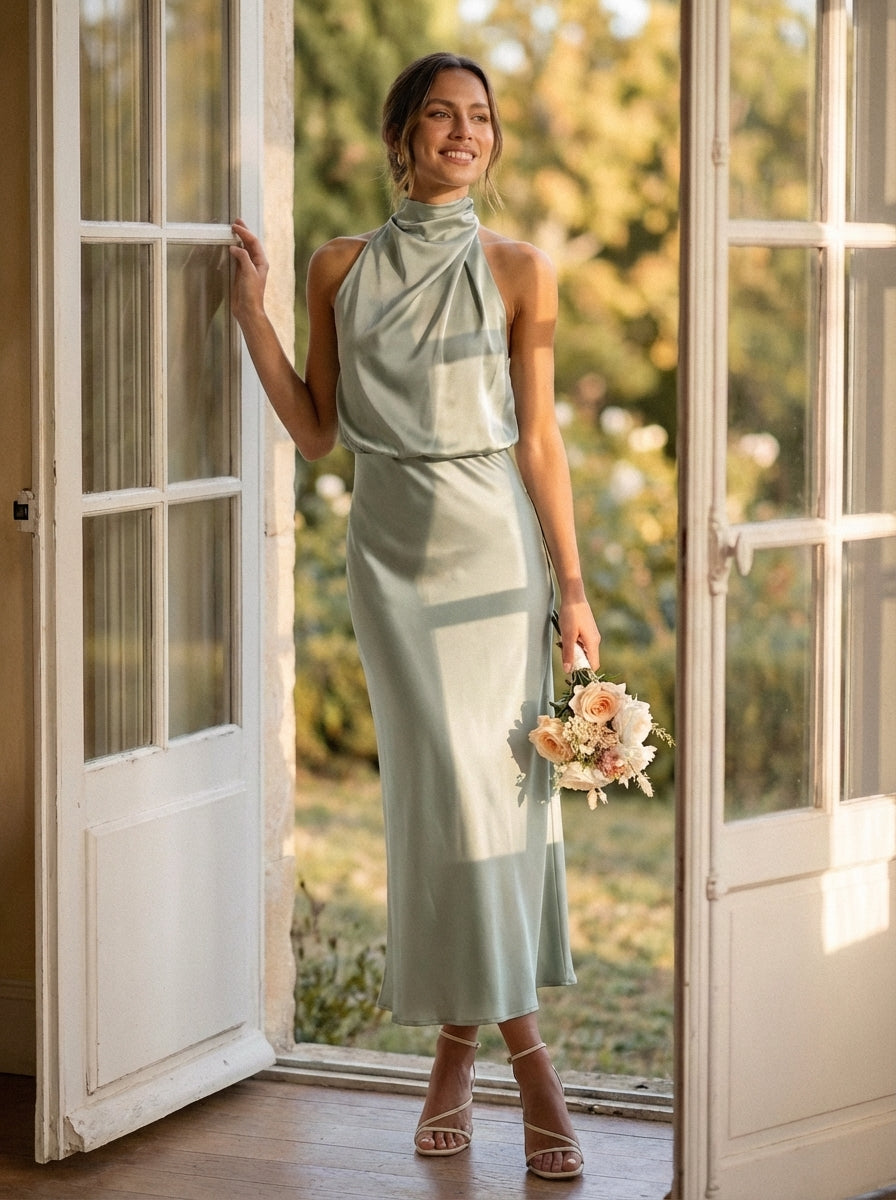 Women's Midi Dress Cowl Neck Halter Sleeek Silhouette