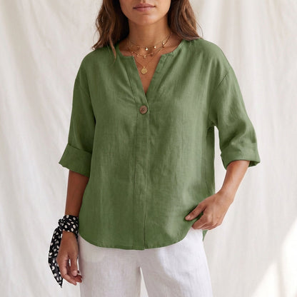 Women's Cotton Blouse V-Neck Cuffed Sleeves