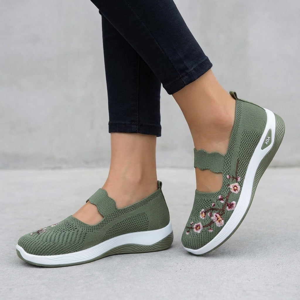 Women's Knit Mesh Mary Jane Flats Floral Embroidery