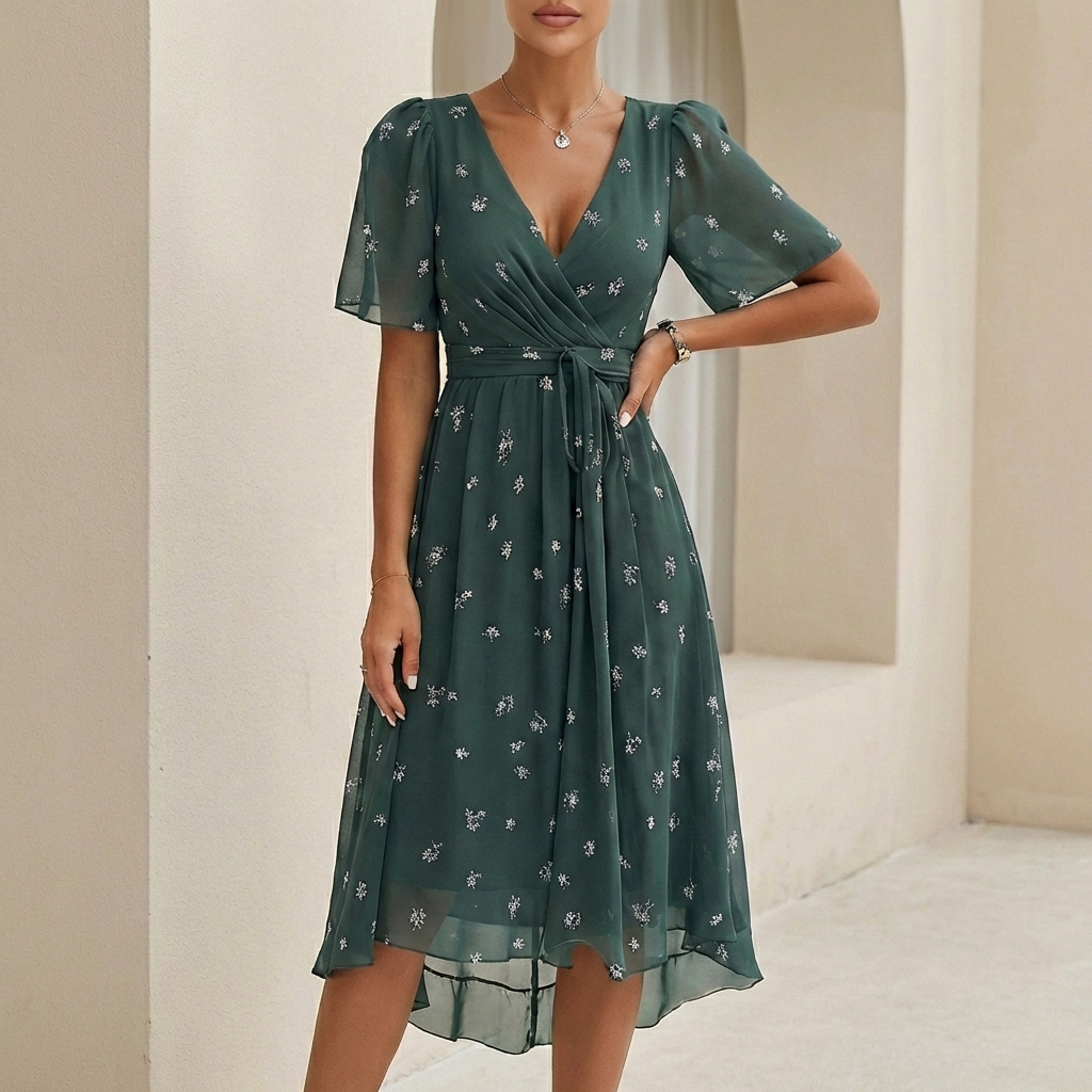 Women's Midi Wrap Dress Chiffon Tie Waist - VibreMode