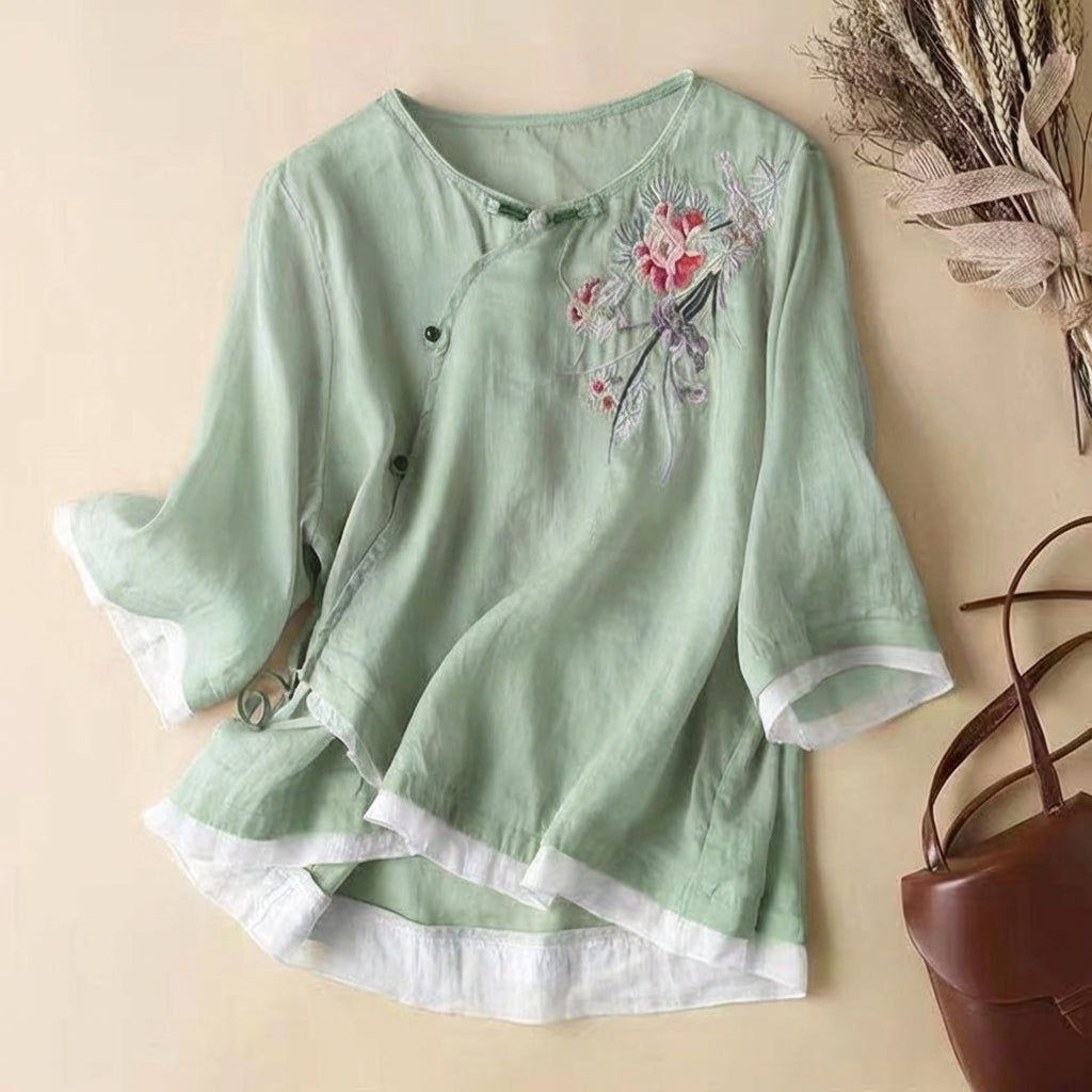 Women's Linen Blend Kimono Blouse Embroidered