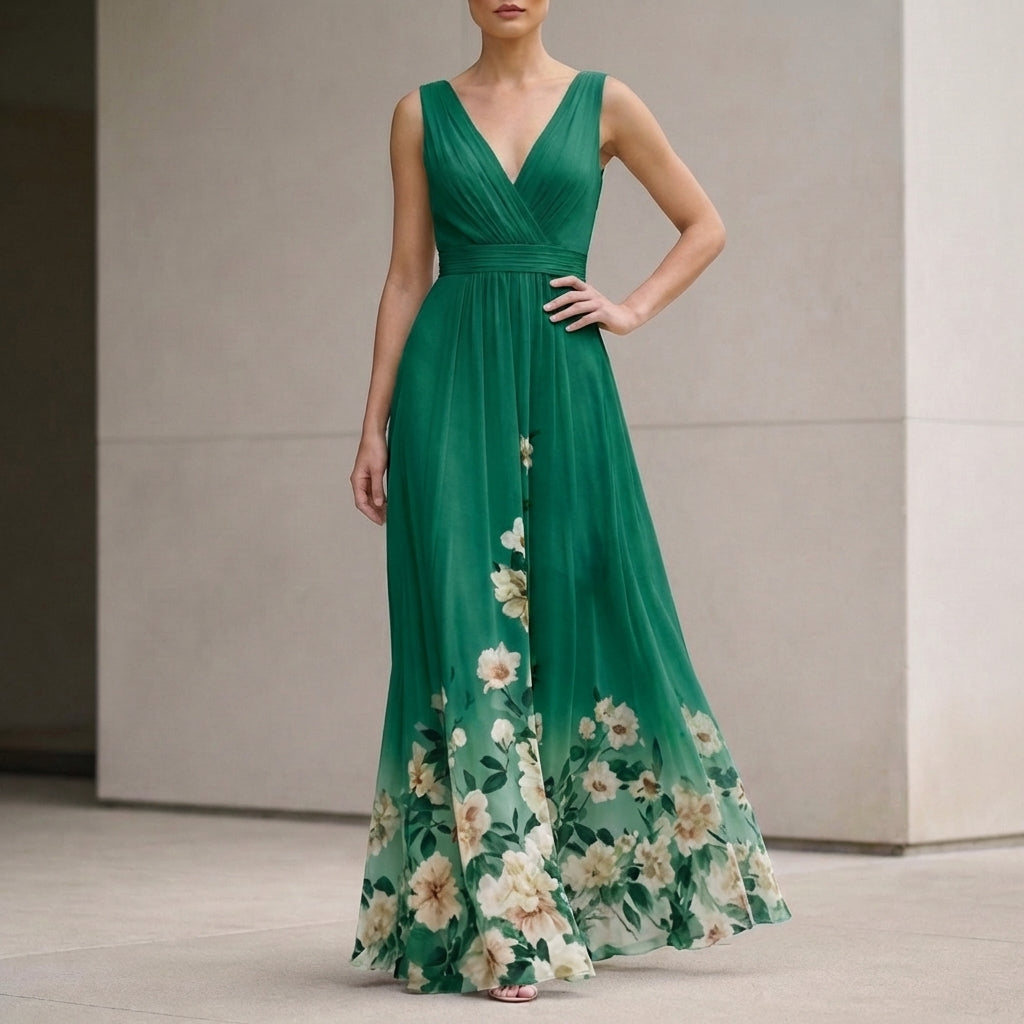 Women's Chiffon Maxi Dress V-Neck Floral