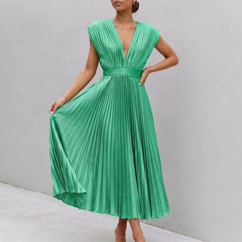 Women's Midi Dress Draped Bodice Defined Waist