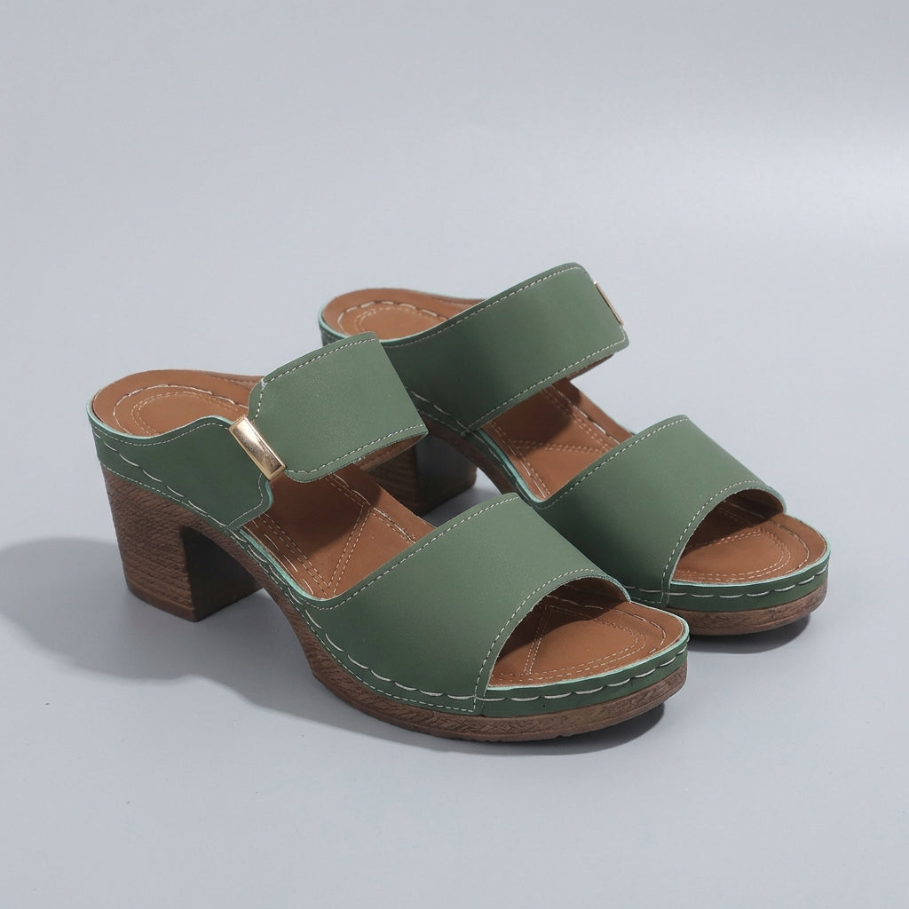 Women's Quilted Slide Sandals Block Heel Metallic Accent
