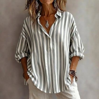 Women's Relaxed Fit Striped V-Neck Blouse 3/4 Sleeves