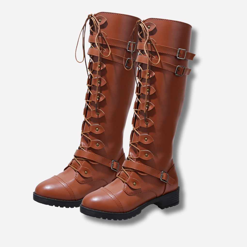 Women's Lace-Up Boots Buckle Detail Brown