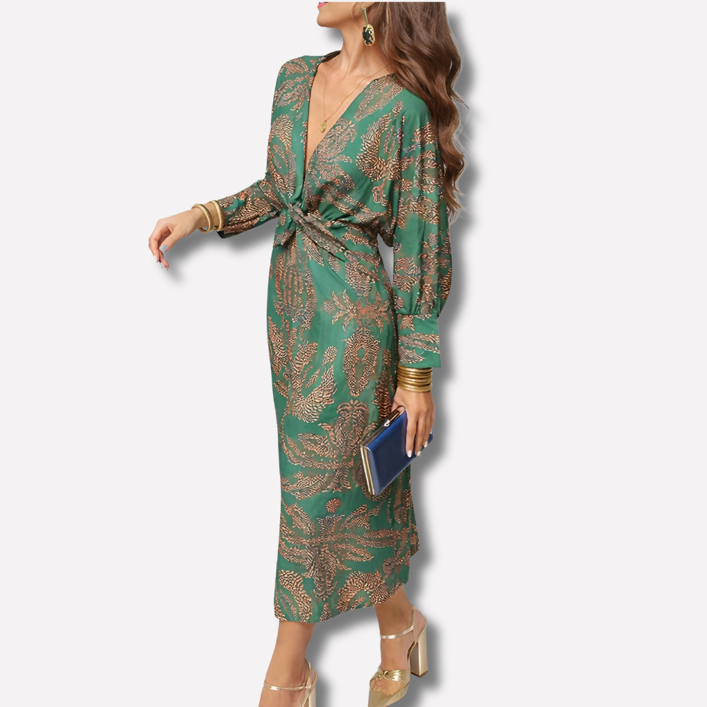 Women's Printed Midi Dress V-Neck Knot Front - VibreMode