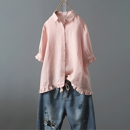 Women's Cotton Blouse Button Down Ruffled Hem