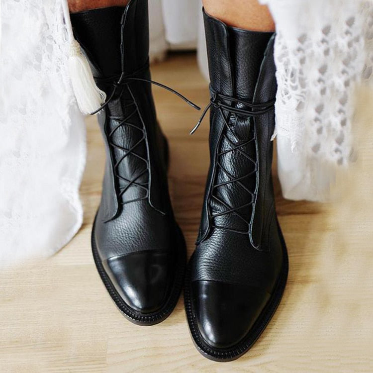 Elegant Low Heel Leather Ankle Boots - VibreMode