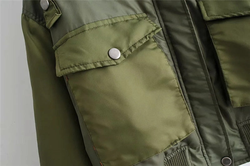 Women's Utility Bomber Jacket Cotton Patch Pockets Zip Sleeves
