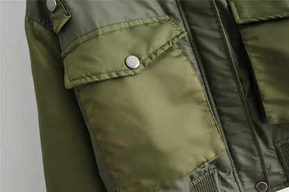 Women's Utility Bomber Jacket Cotton Patch Pockets Zip Sleeves