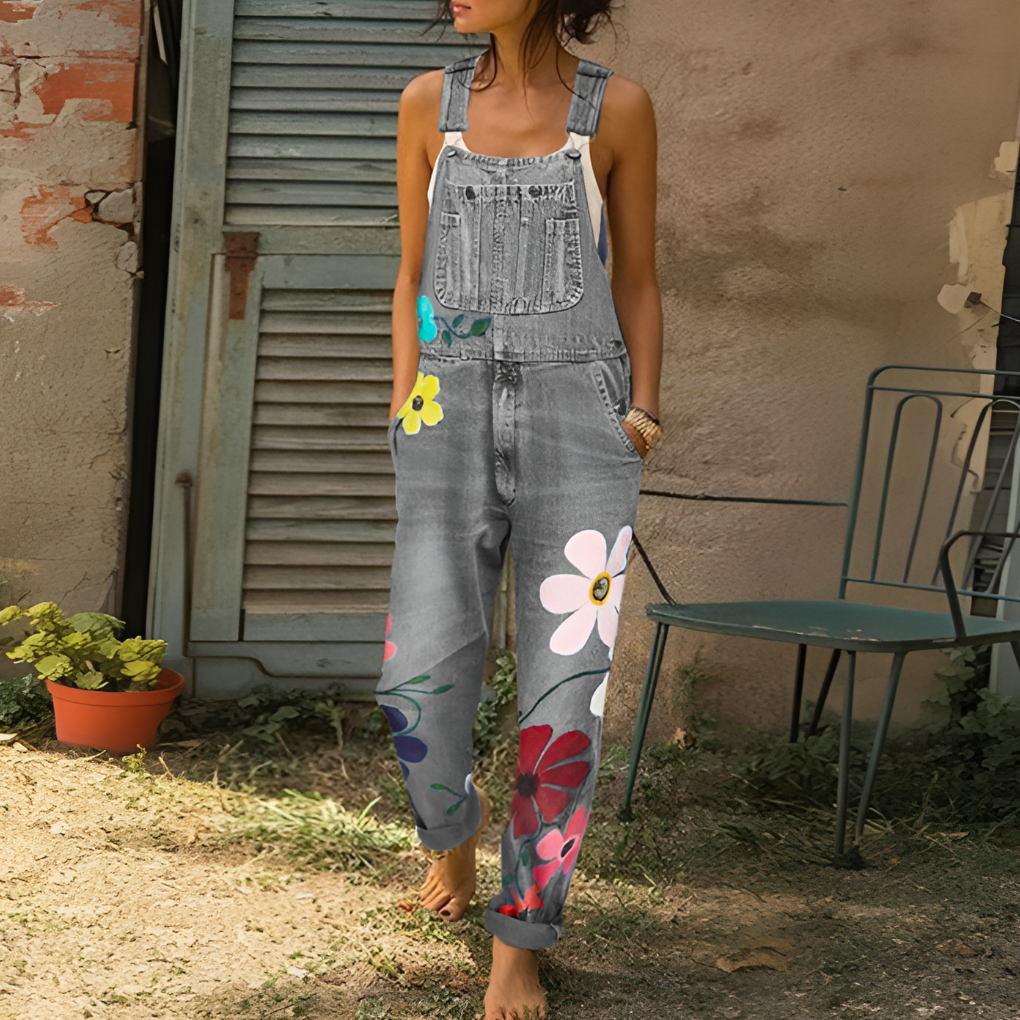 Women's Denim Jumpsuit Floral Pattern