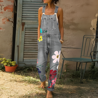 Women's Denim Jumpsuit Floral Pattern