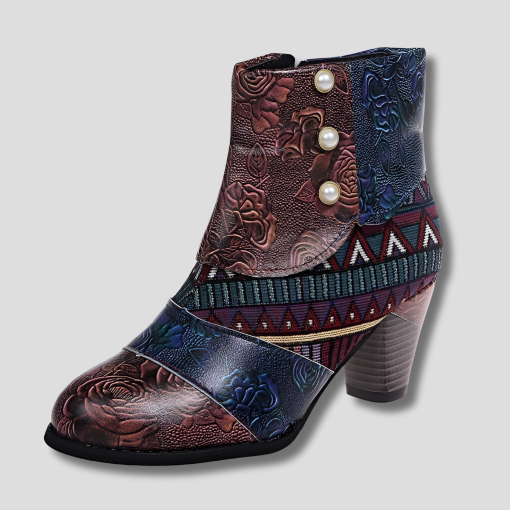 Women's Embossed Leather Boots Chunky Heel Floral Brown