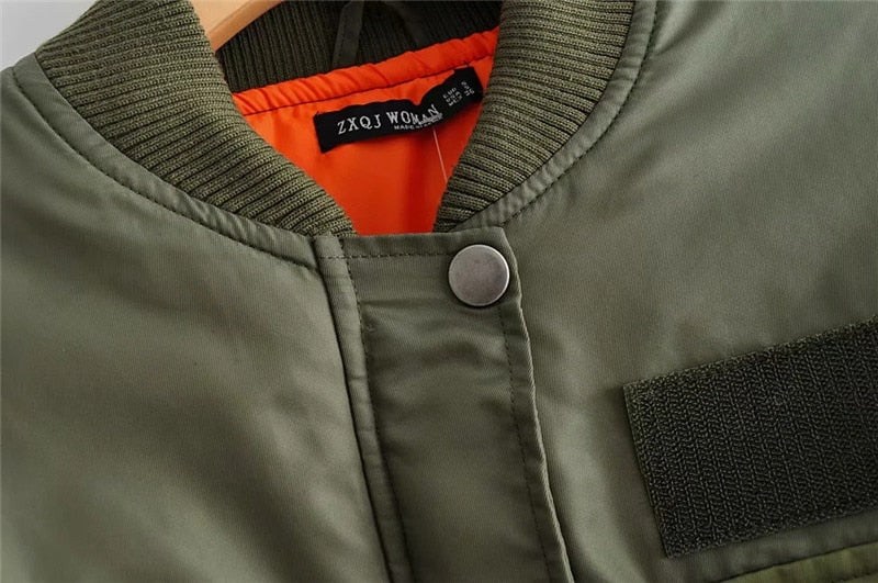 Women's Utility Bomber Jacket Cotton Patch Pockets Zip Sleeves
