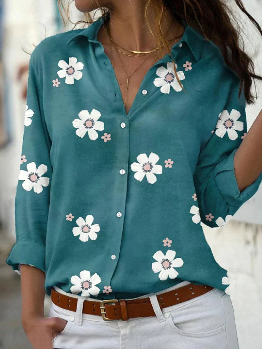 Women's Floral Blouse Cotton Collar Rolled Sleeves