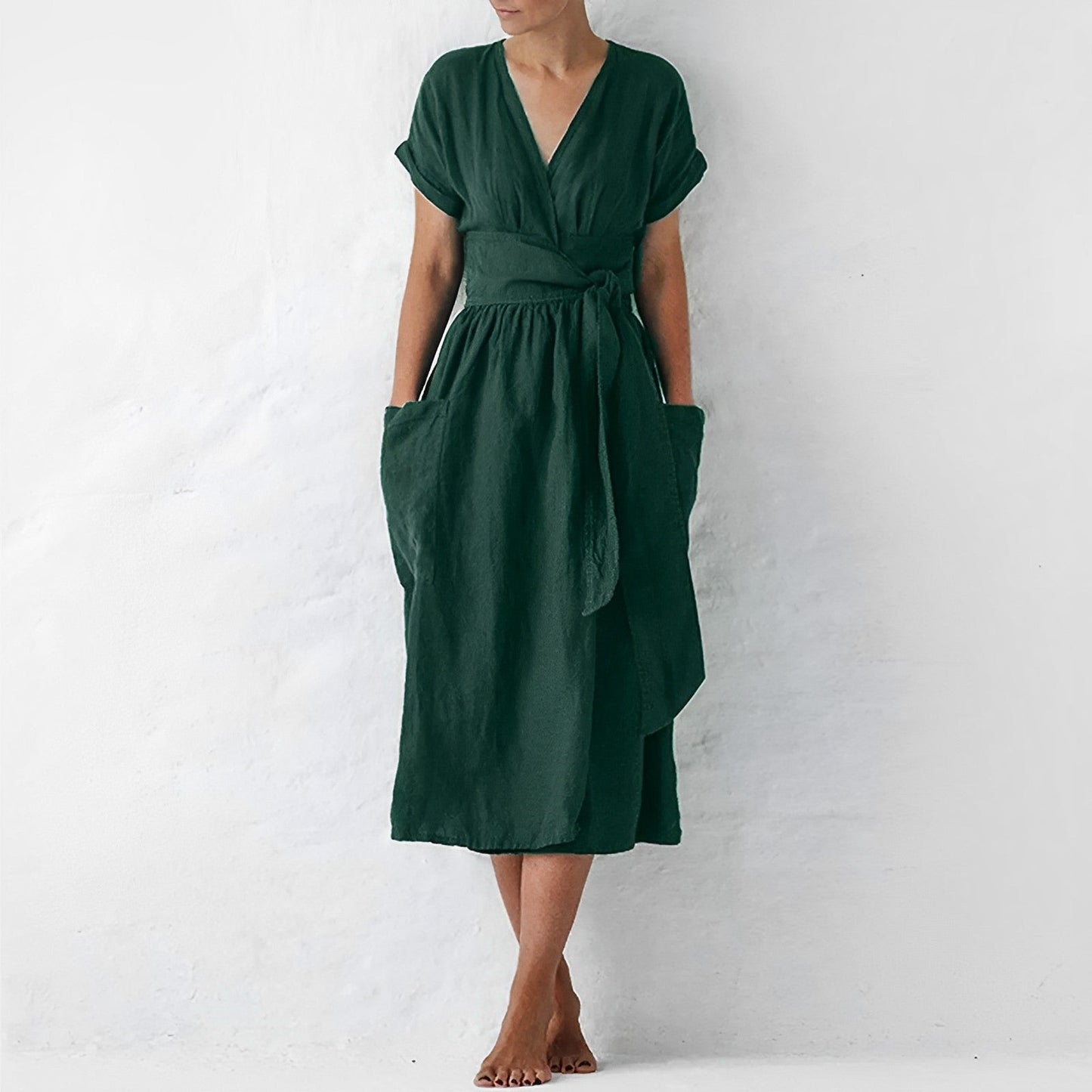 Women's Linen Midi Wrap Dress with Pockets - VibreMode