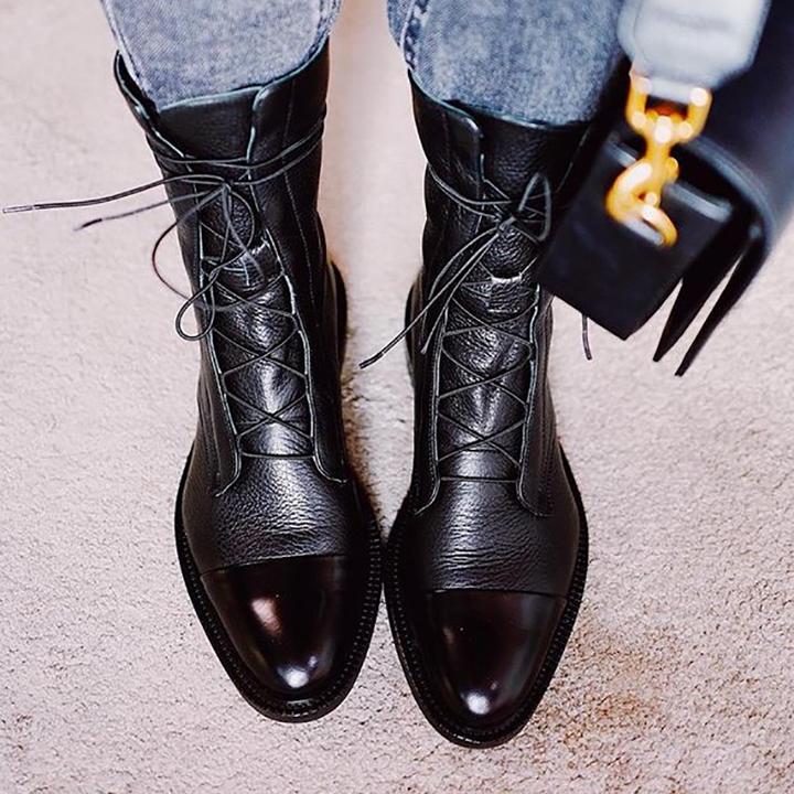 Women's Mid-Calf Lace-Up Boots Low Heel Black