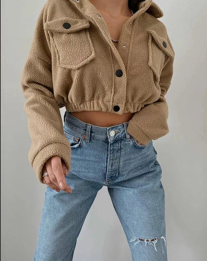 Women's Cropped Bomber Jacket Cotton Button Front Flap Pockets