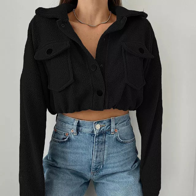 Women's Cropped Bomber Jacket Cotton Button Front Flap Pockets