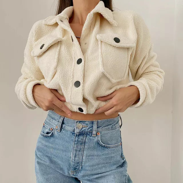 Women's Cropped Bomber Jacket Cotton Button Front Flap Pockets - VibreMode