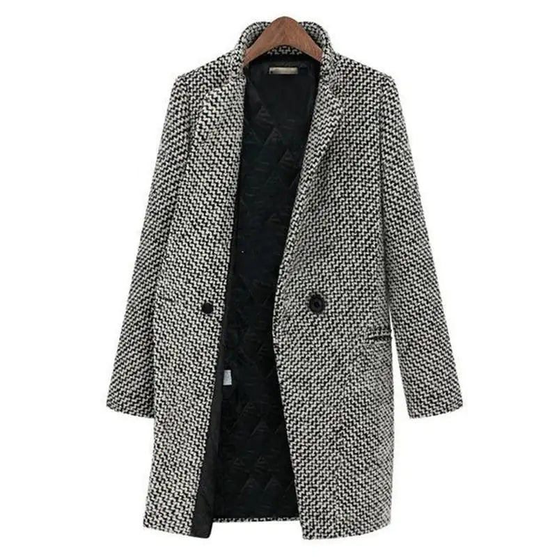 Women's Houndstooth Winter Coat Wool Button Front Black