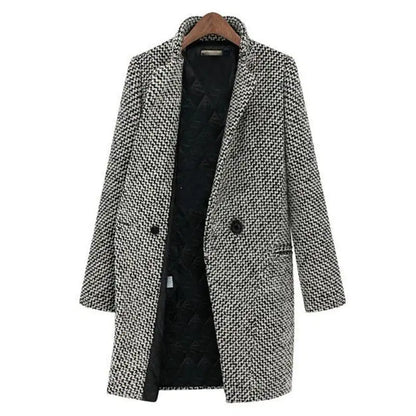 Women's Houndstooth Winter Coat Wool Button Front Black