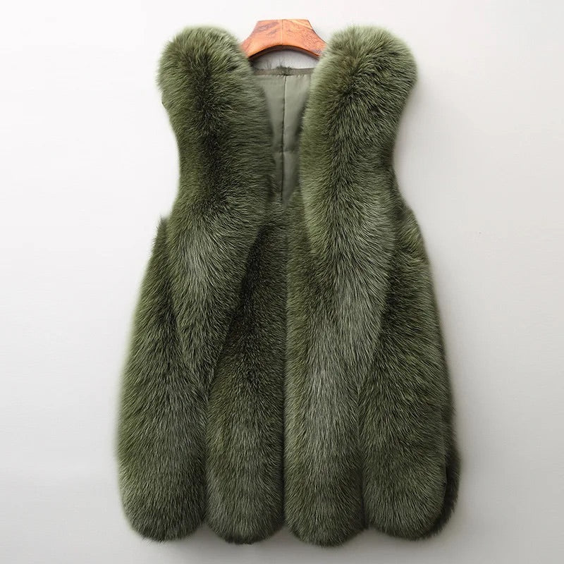 Women's Fur Vest Relaxed Fit Thigh Length Warm Beige - VibreMode
