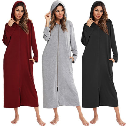Women's Hooded Fleece Nightdress Zip-Up - VibreMode
