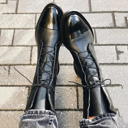 Women's Mid-Calf Lace-Up Boots Low Heel Black